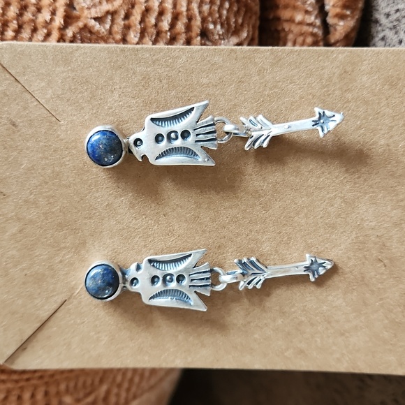 NWOT Native American Navajo Denim Lapis & Sterling Thunderbird Dangle Earrings - Picture 1 of 12